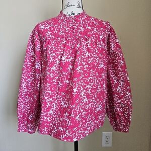 J.Crew Top Womens S Pink Floral Cotton Rufgle Neck Relaxed